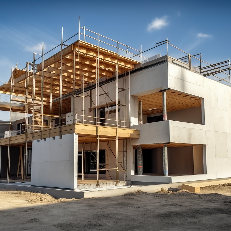 Chantier de construction d'une maison moderne à plusieurs niveaux, avec échafaudages métalliques, structure de toit en bois et murs en béton blanc sous un ciel bleu.