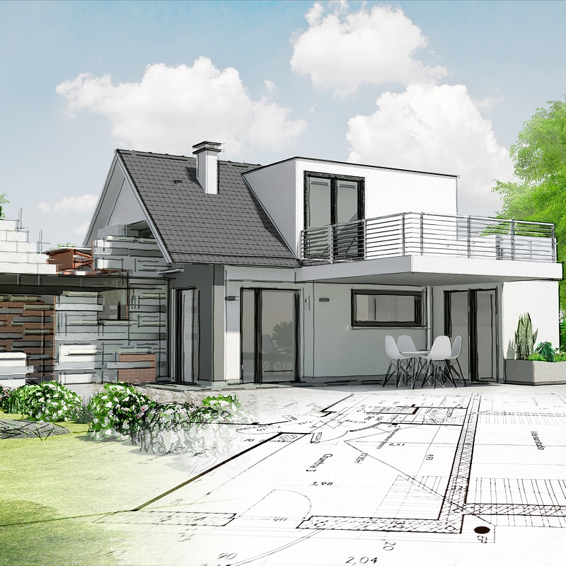 Projet architectural: maison moderne blanche et grise en construction avec balcon et jardin, superposée à des plans détaillés.