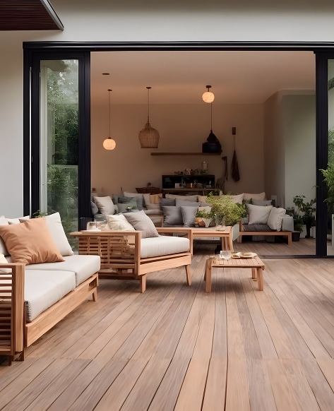 Patio moderne avec mobilier en bois clair et coussins beige sur deck, ouvrant sur un salon intérieur lumineux. Ambiance intérieure-extérieure.