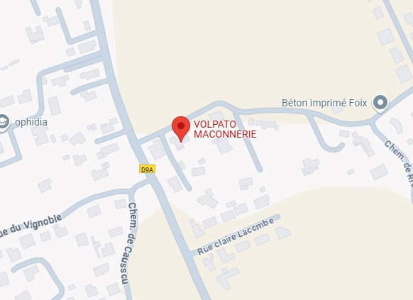 Plan détaillé avec VOLPATO MACONNERIE, Béton imprimé Foix et Ophidia, à l'intersection des routes D9A, Chem. de Caussou.
